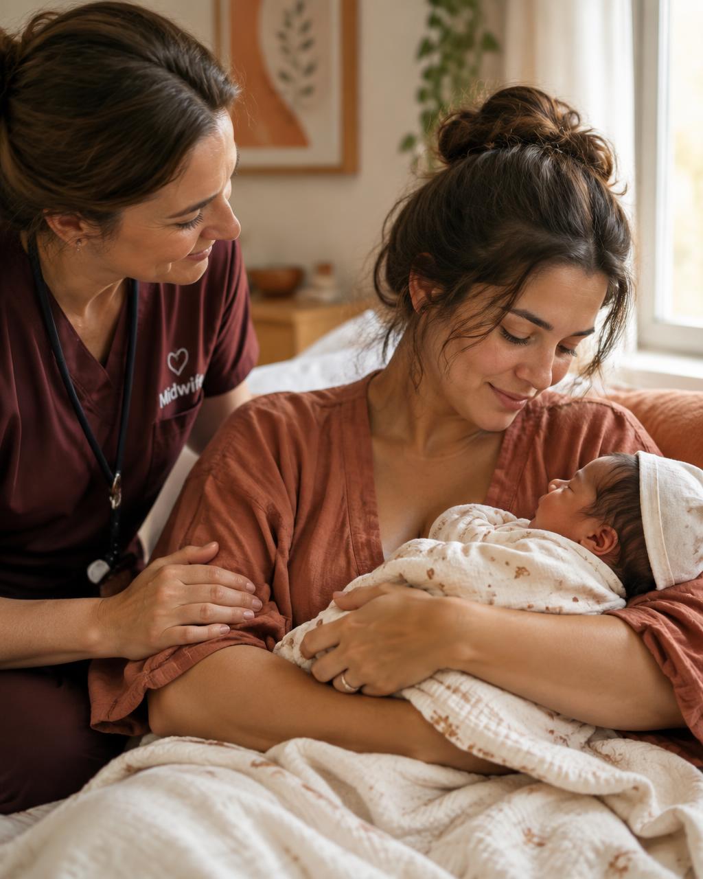 Un'ostetrica sostiene con gentilezza una madre con il suo neonato